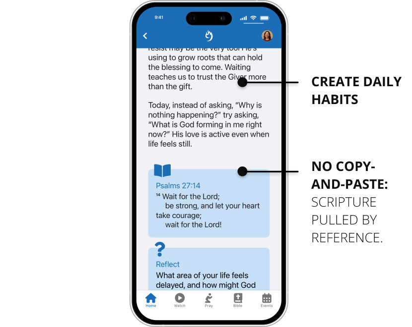 Create daily habits with a daily devotional, bible reference, reflection question, and prayer.