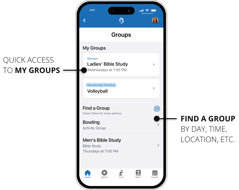 Create sustainable communities with My Groups and Group Finder in your Rock Mobile app.