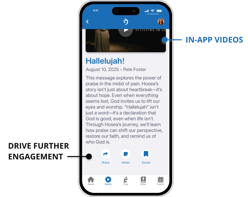 Watch message in the app and drive further engagement with share, notes, and save action buttons in the Compass Rock Mobile app.