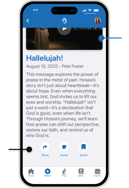 Watch message in the app and drive further engagement with share, notes, and save action buttons in the Compass Rock Mobile app.