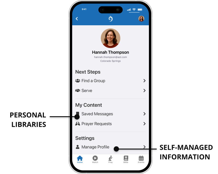 9 Embers empowers your congregation with personal libraries and self-service information management through your Rock Mobile App.