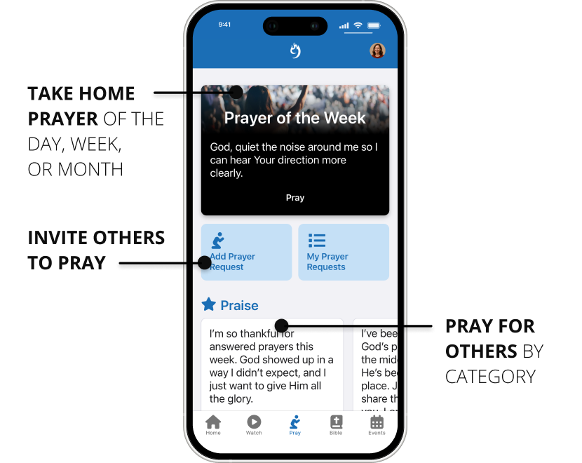 Build and grow prayer habits through Rock Mobile prayer features built by 9 Embers.