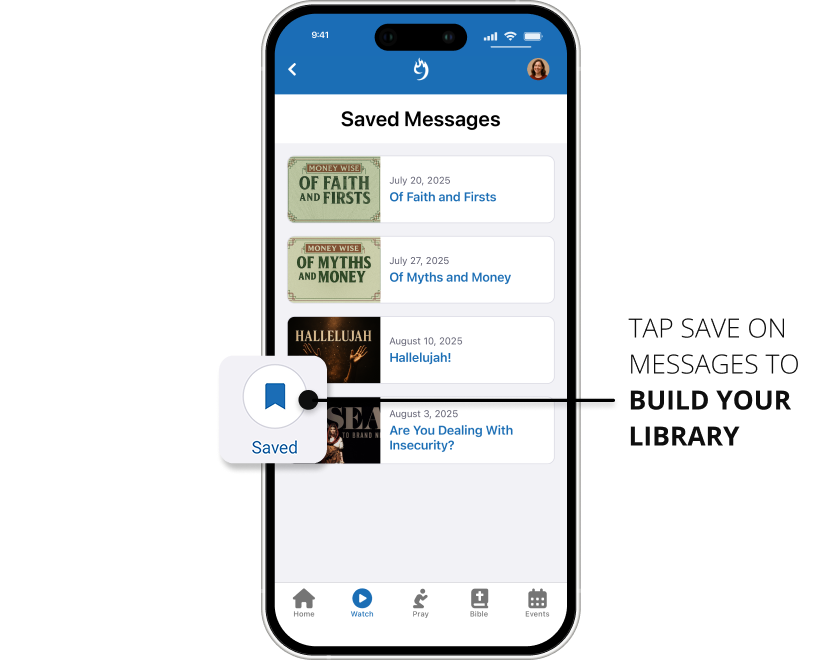 Compass Rock Mobile app built by 9 Embers includes Saved Messages library.